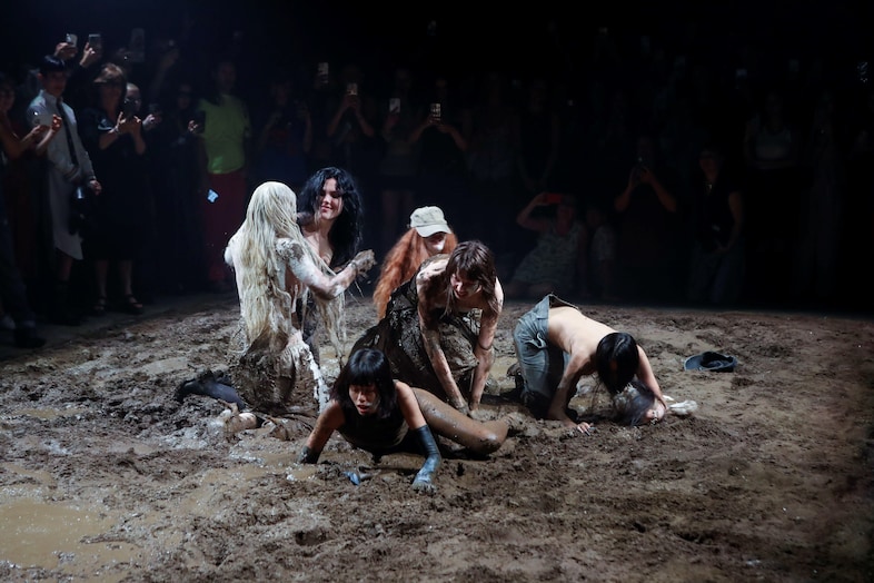 11. Models wrestling at Elena Velez's SS24 present